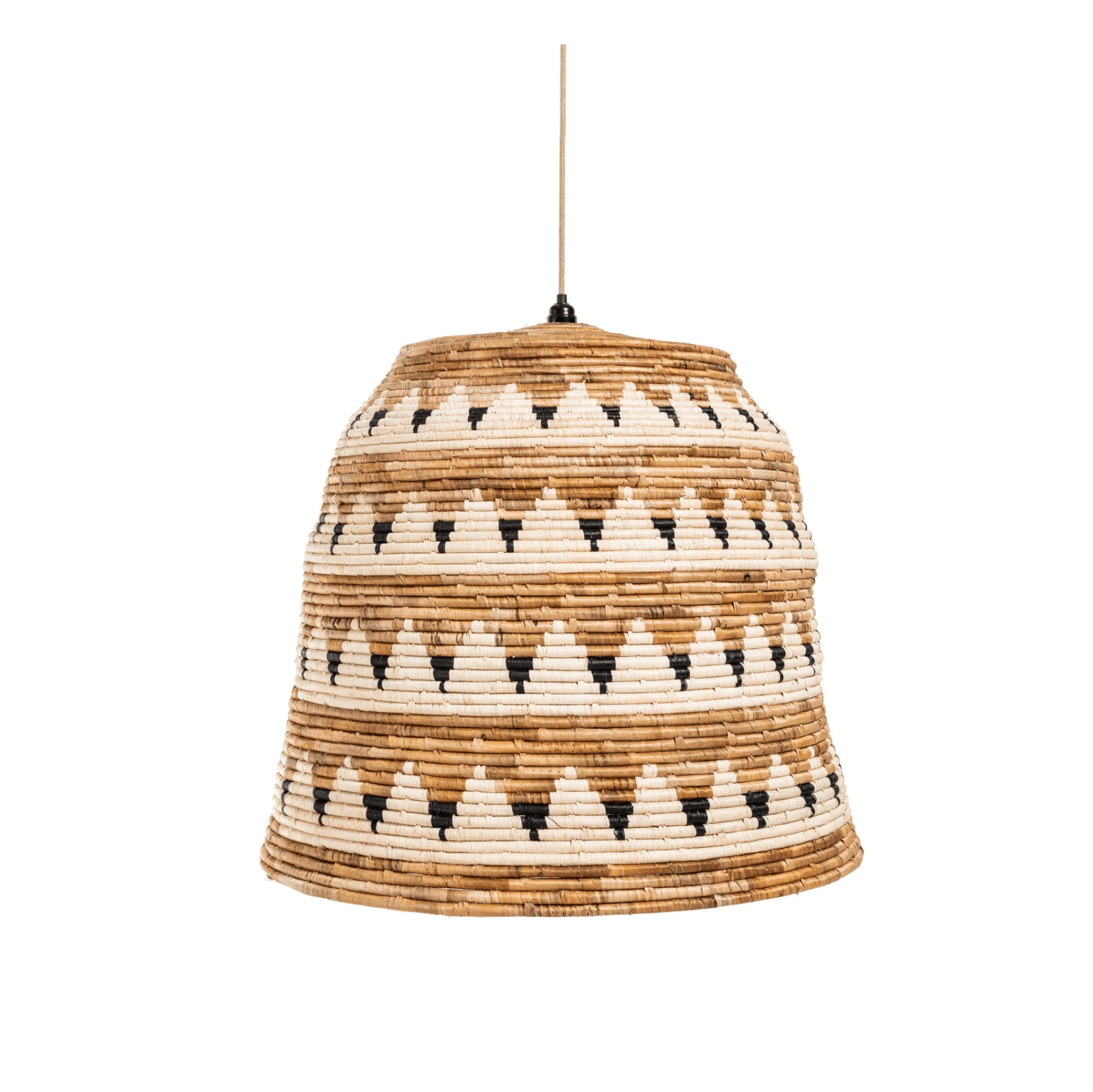 Handwoven bamboo ceiling lamp with modern rustic style, adding natural texture to a minimalist bedroom interior