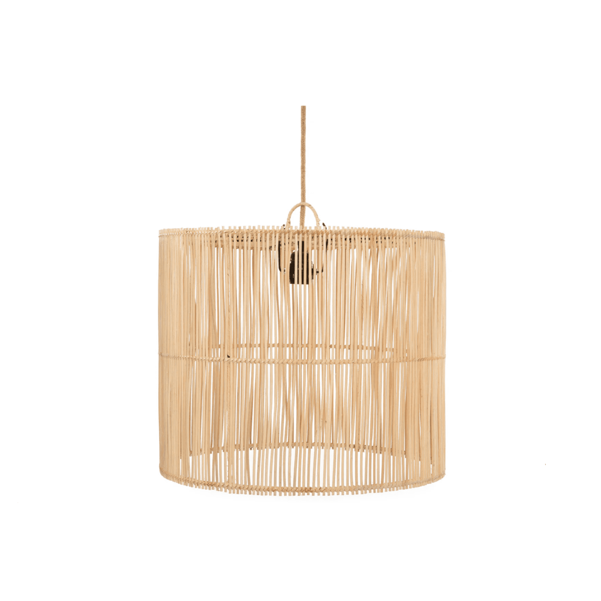 Handwoven rattan pendant light with minimalist Scandinavian design hanging above a cozy dining table