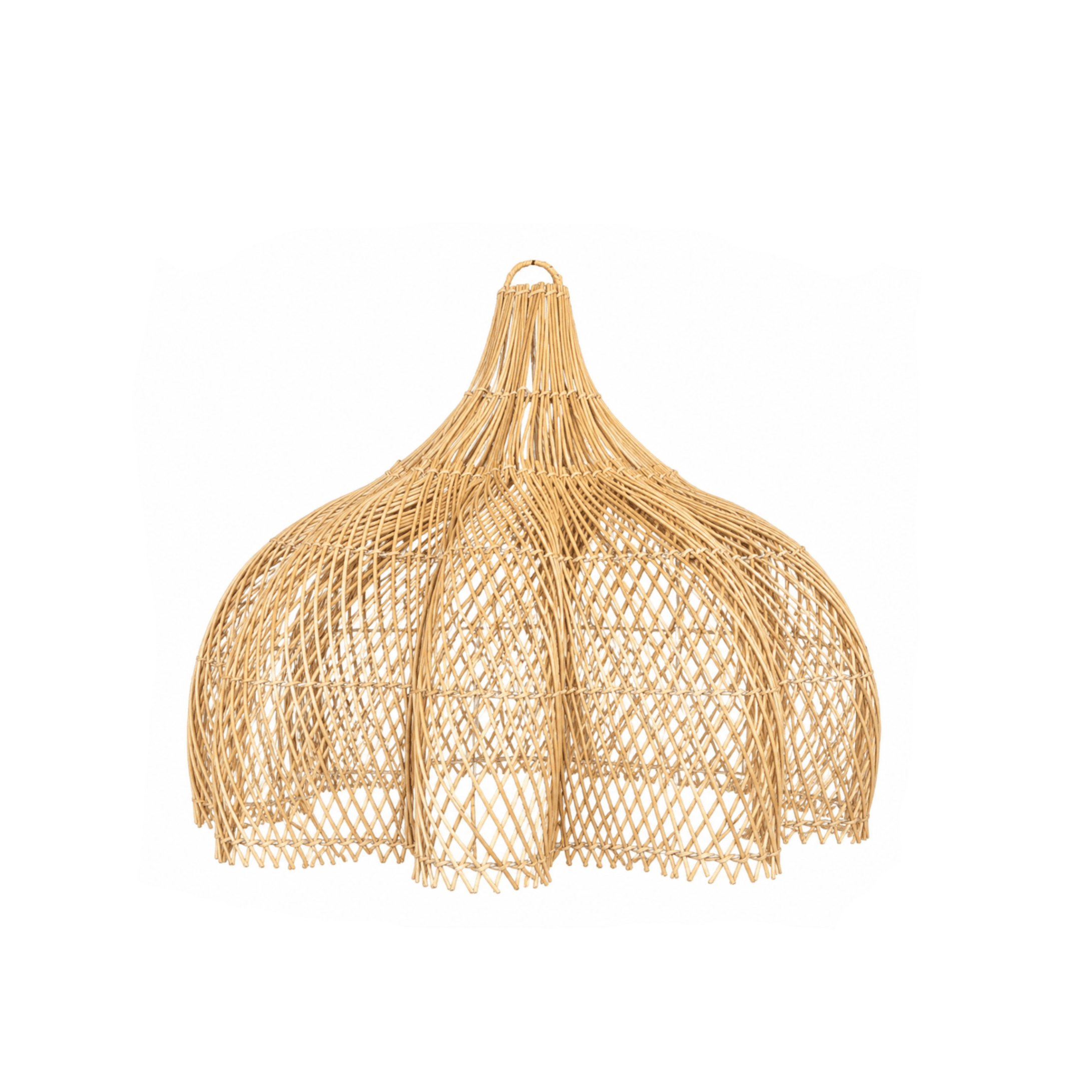 Handwoven rattan ceiling light in Scandinavian minimalist style hanging over a modern wooden dining table