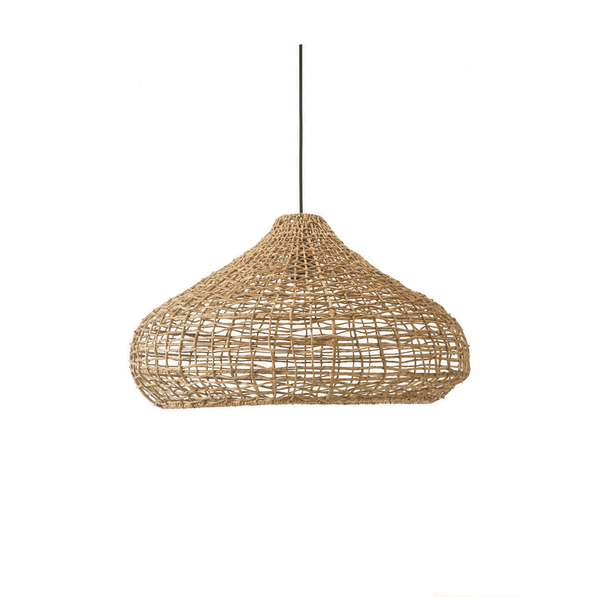 Handwoven rattan ceiling pendant light with an organic dome shade, adding boho charm and warm ambient glow to a modern rustic living room.