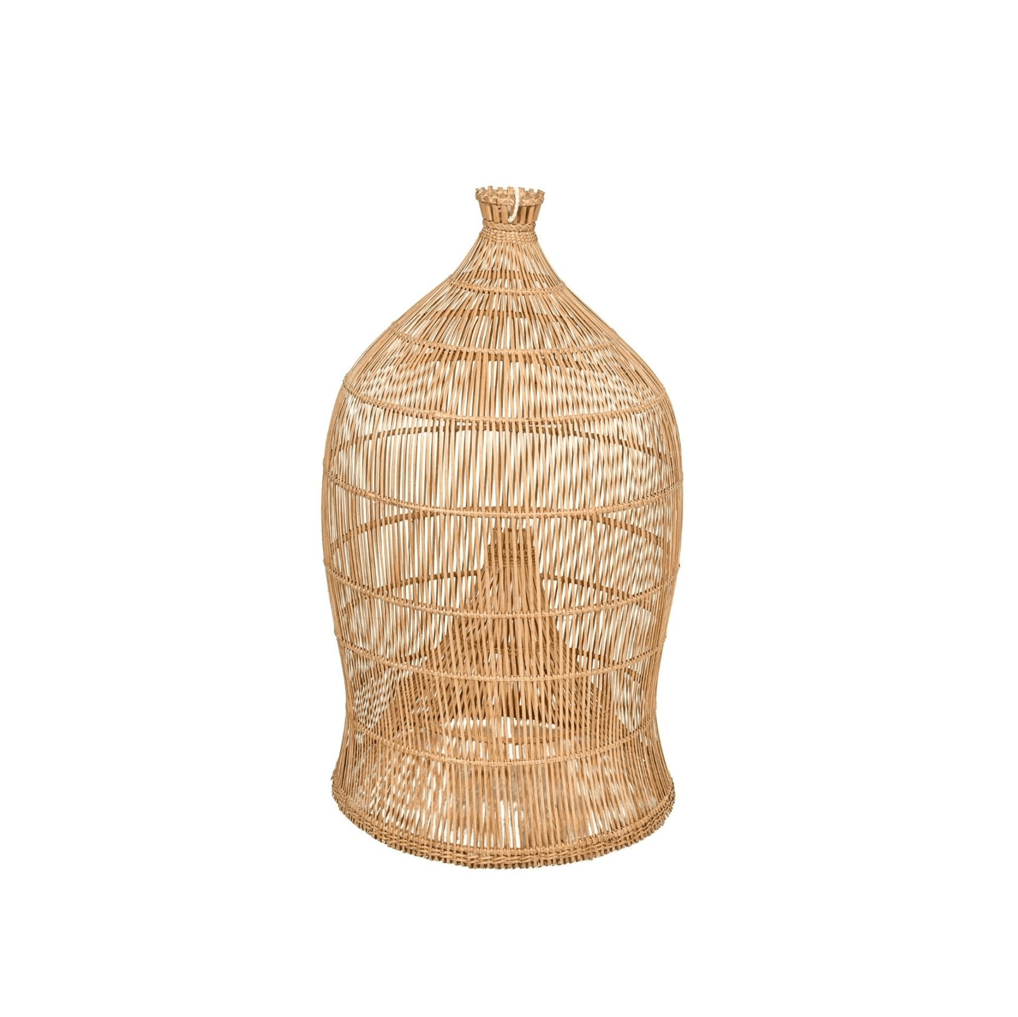 Handwoven wicker pendant light with a minimalist Scandinavian design, adding natural texture to a cozy living space