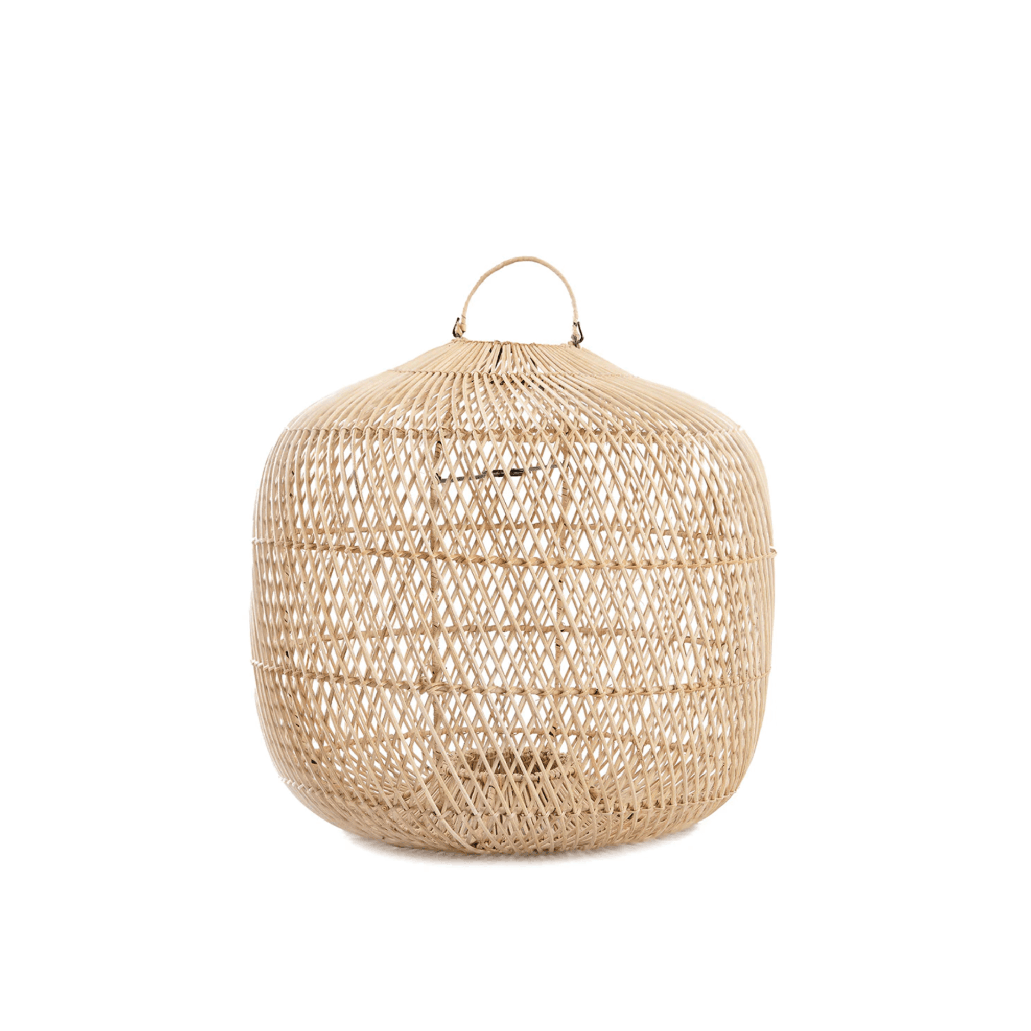 Handwoven bamboo ceiling lamp in minimalist boho style, featuring a conical shape that casts warm shadows in a modern living room