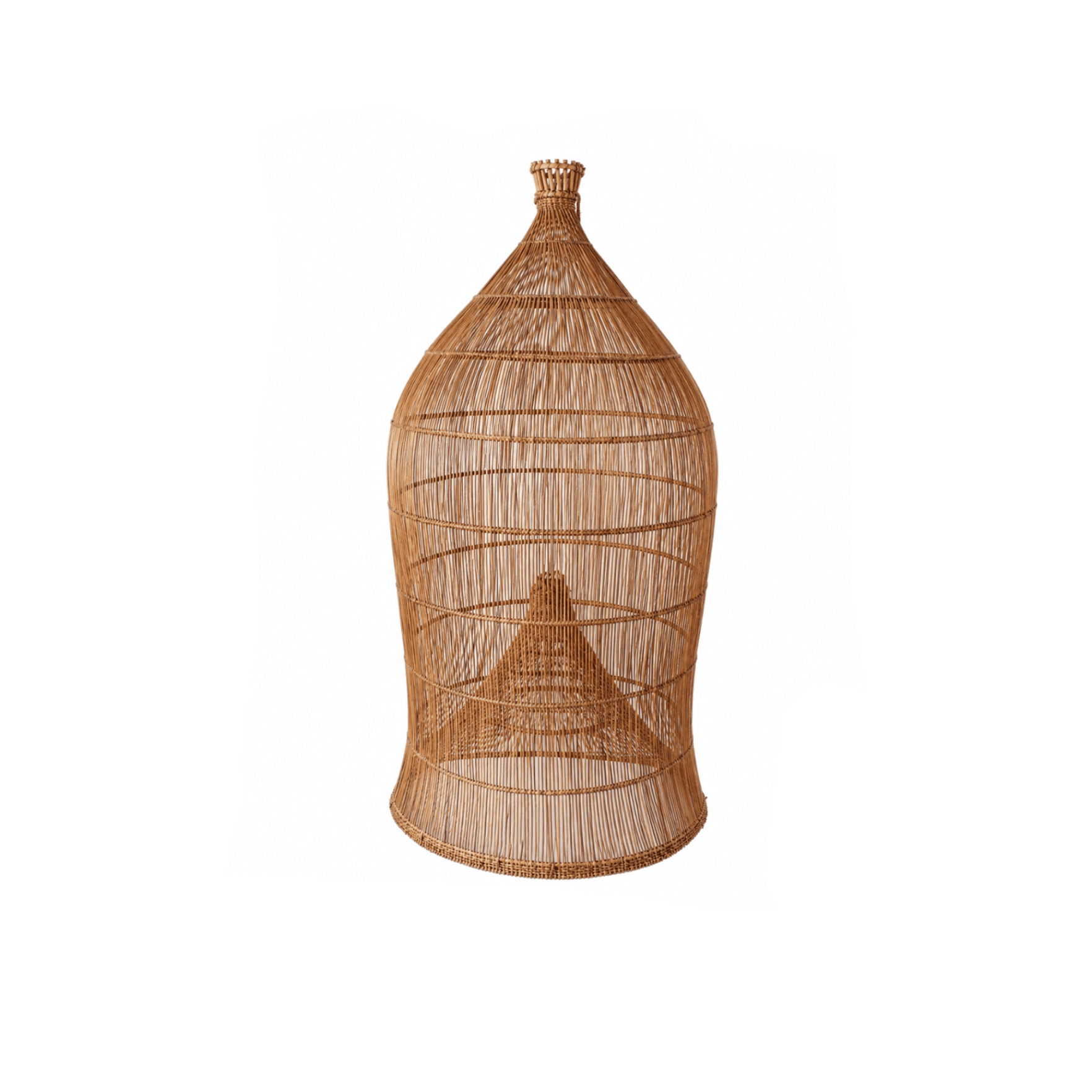 Handwoven rattan arc floor lamp with textured cone shade, adding organic elegance to a modern minimalist living space