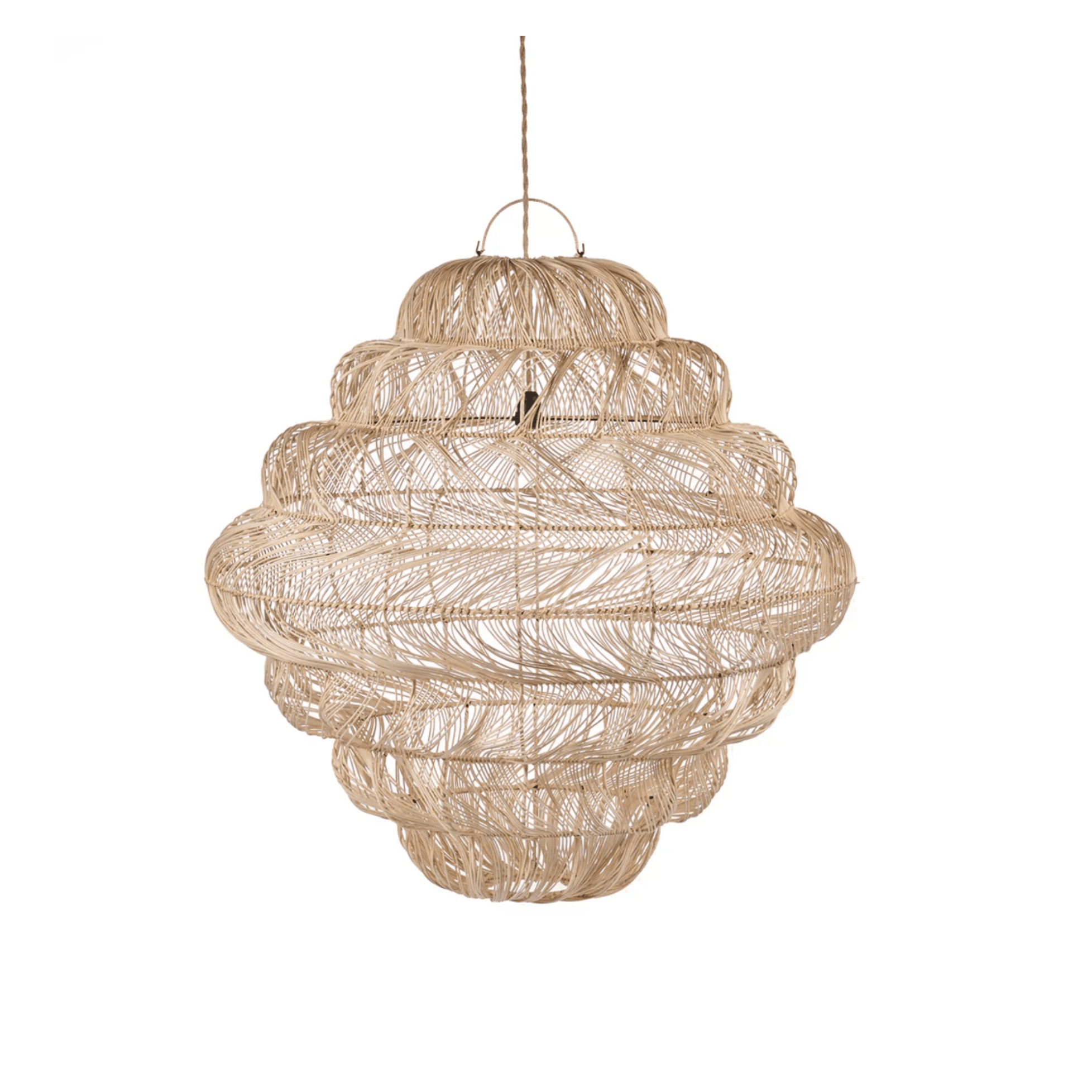 Handwoven rattan chandelier with modern rustic charm, ideal for eco-friendly dining room lighting