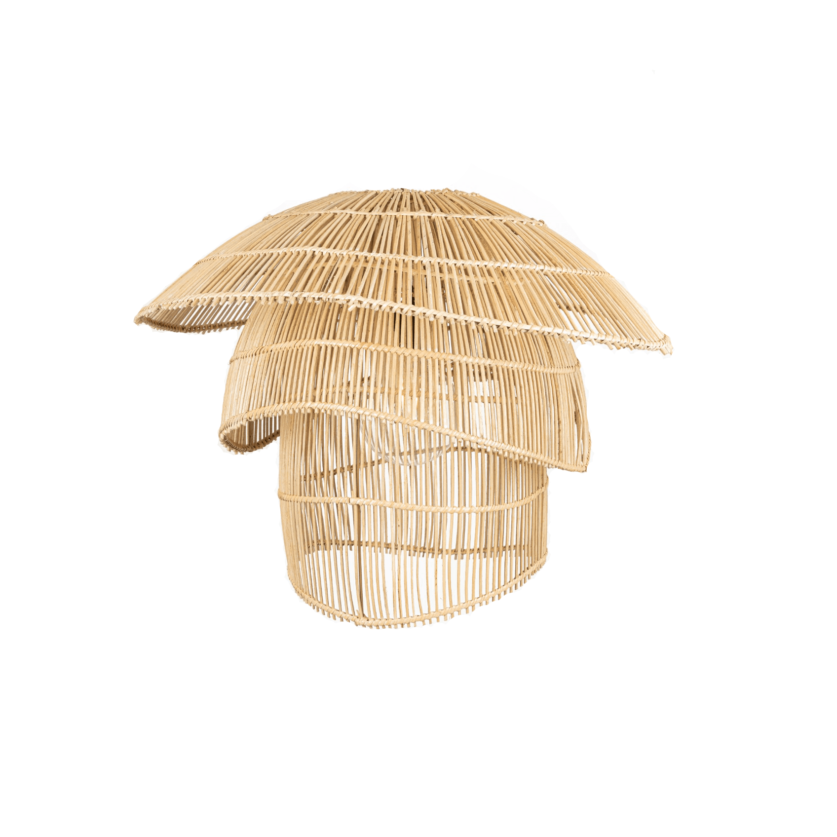 Handwoven rattan pendant lamp with a modern rustic look, casting warm ambient light over a cozy dining area