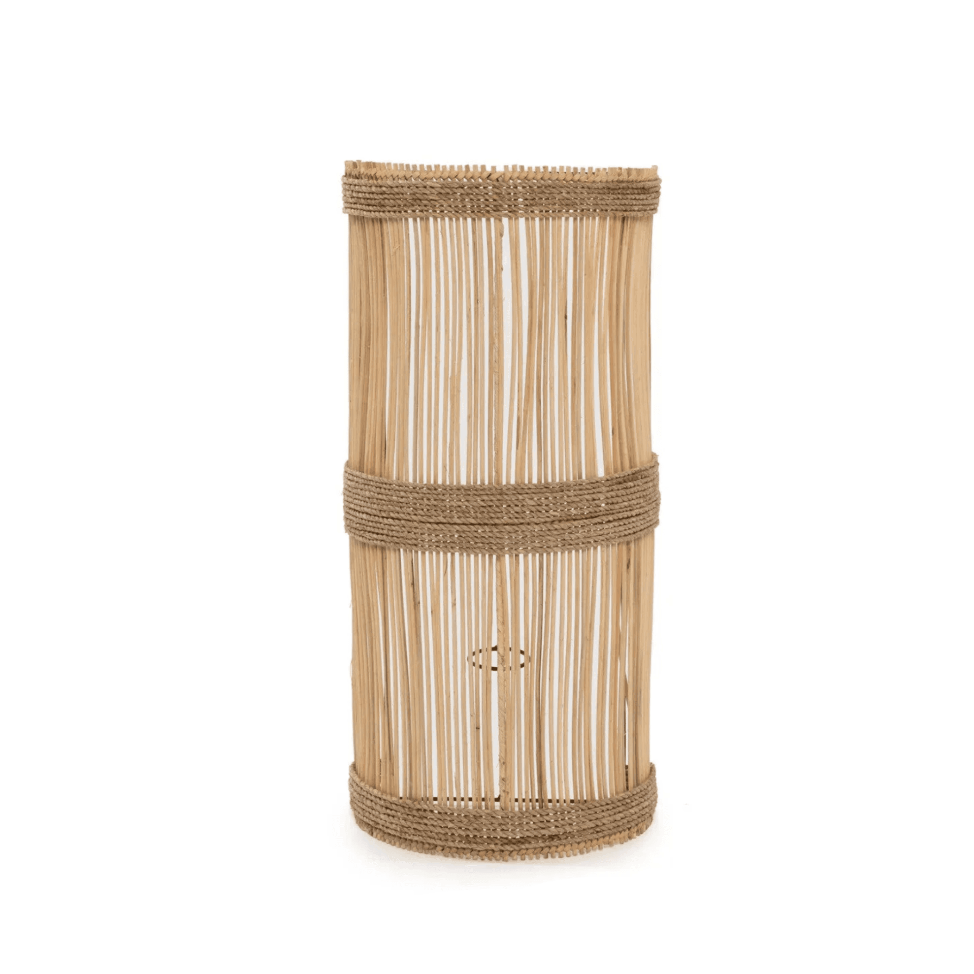 Handwoven rattan pendant light with a fluted conical shade in a modern rustic dining room, showcasing natural textures and minimalist eco design