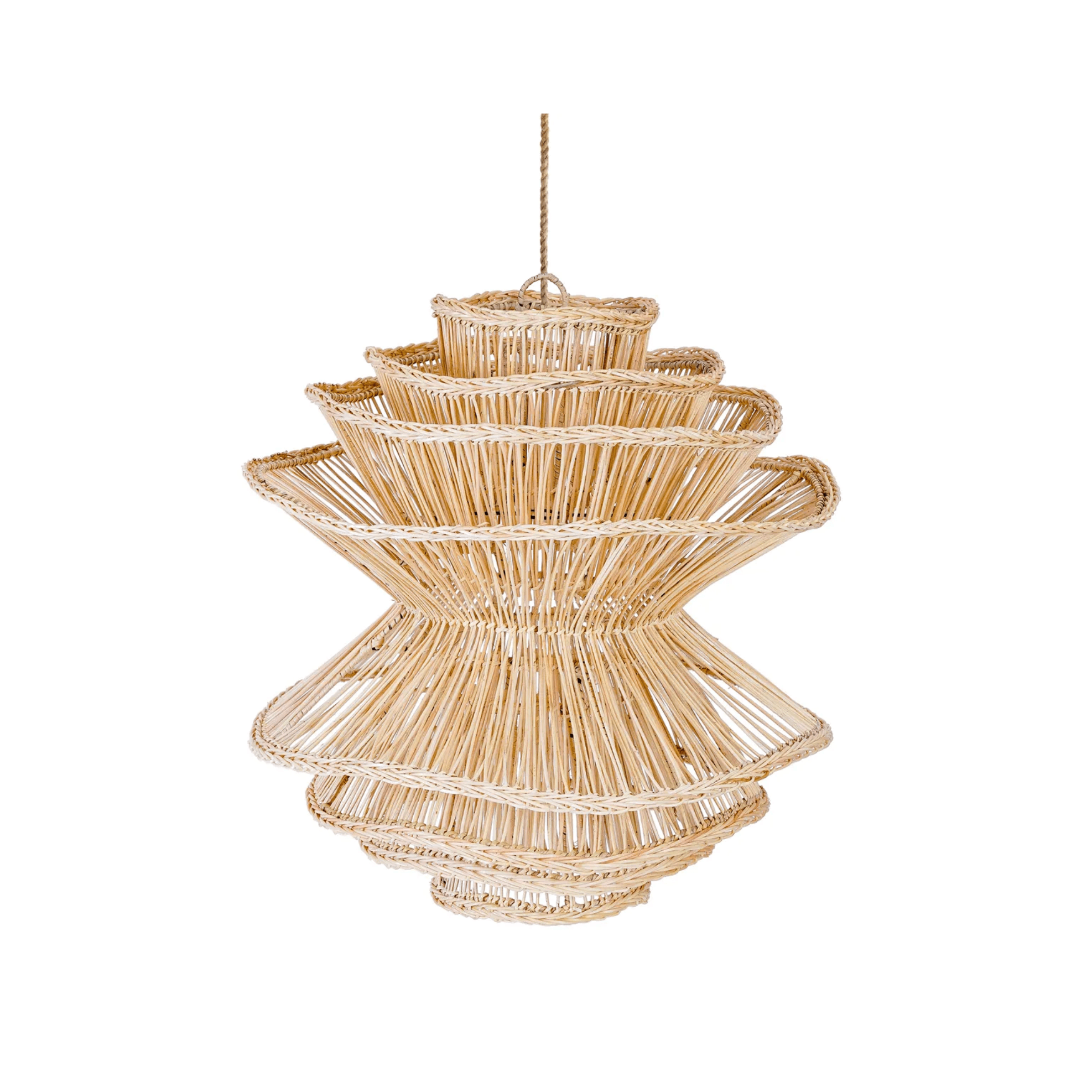 Handwoven rattan pendant light with minimalist eco design, adding bohemian charm to modern dining room.