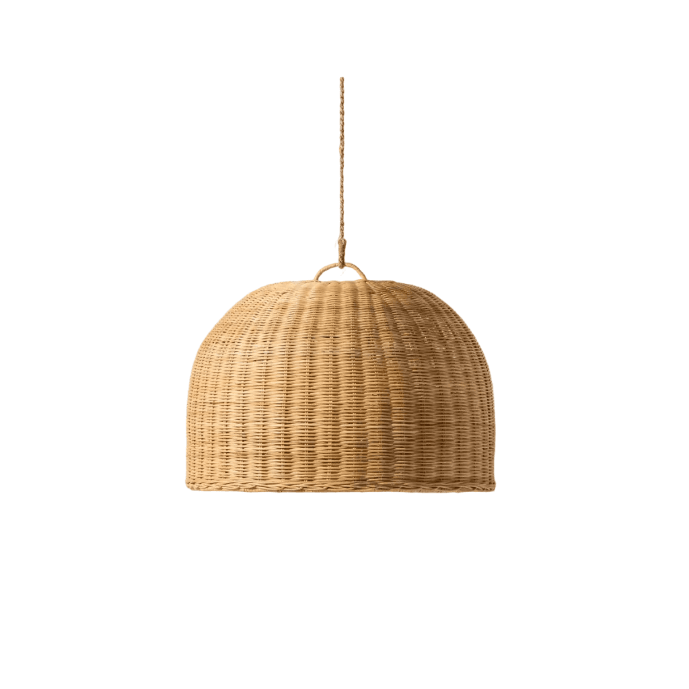 Handwoven rattan ceiling light featuring a wide open cone silhouette, bringing a natural Scandinavian flair to a minimalist dining room