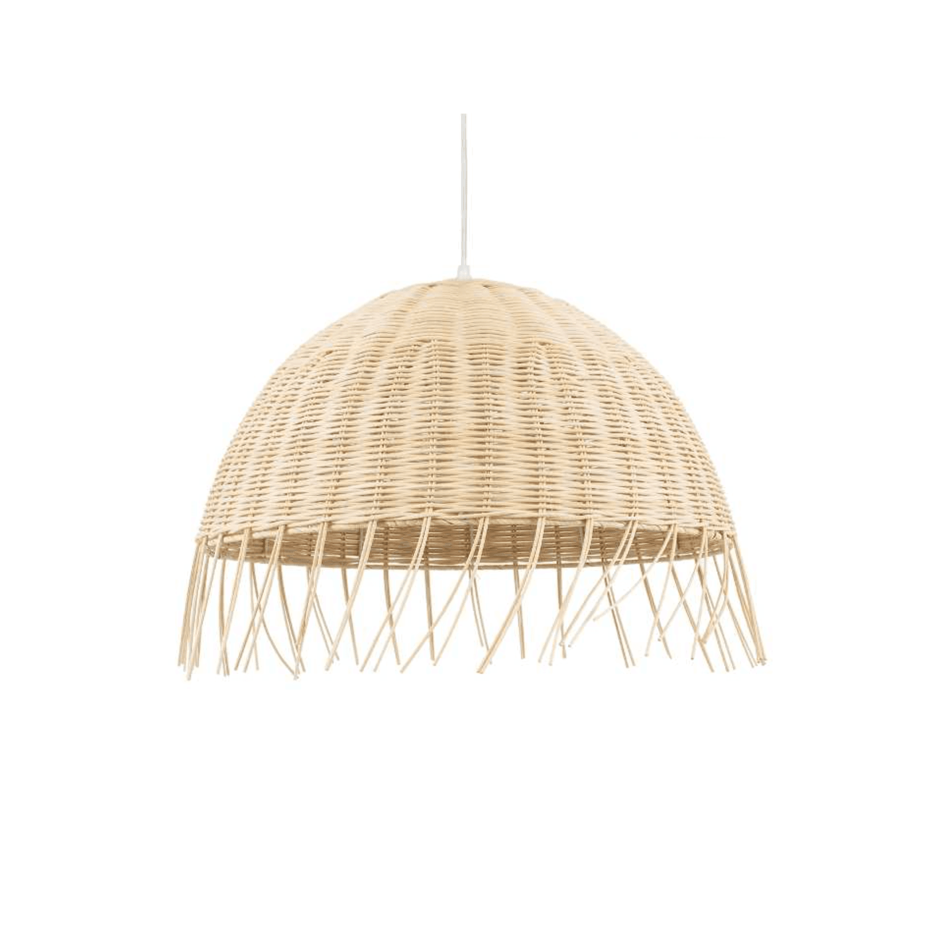 Handwoven wicker ceiling lamp with a spherical bamboo shade in a modern rustic style, illuminating a cozy living room with warm ambient light