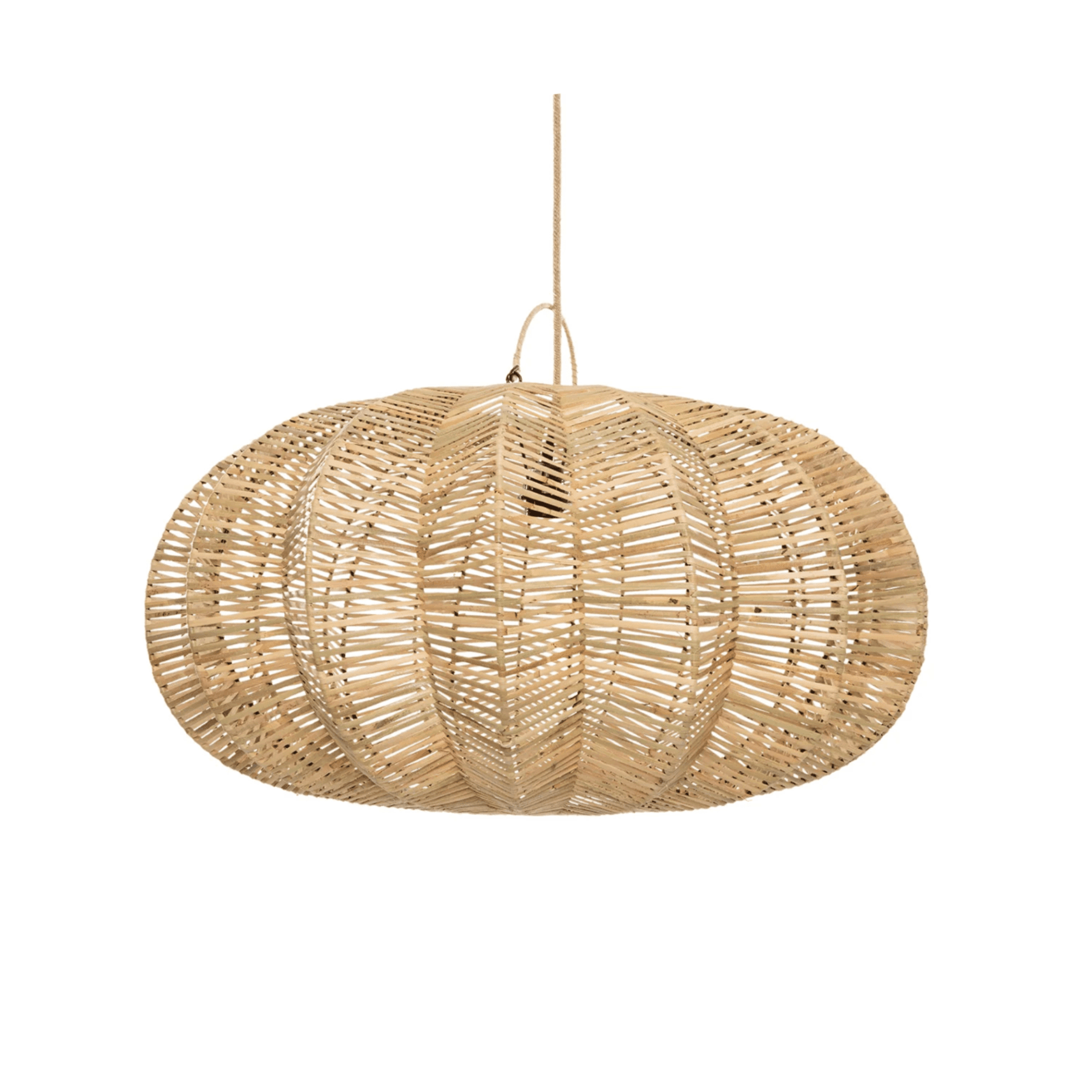 Handwoven rattan pendant lamp with sculptural bell shape, suspended from wooden ceiling mount, perfect for modern rustic decor