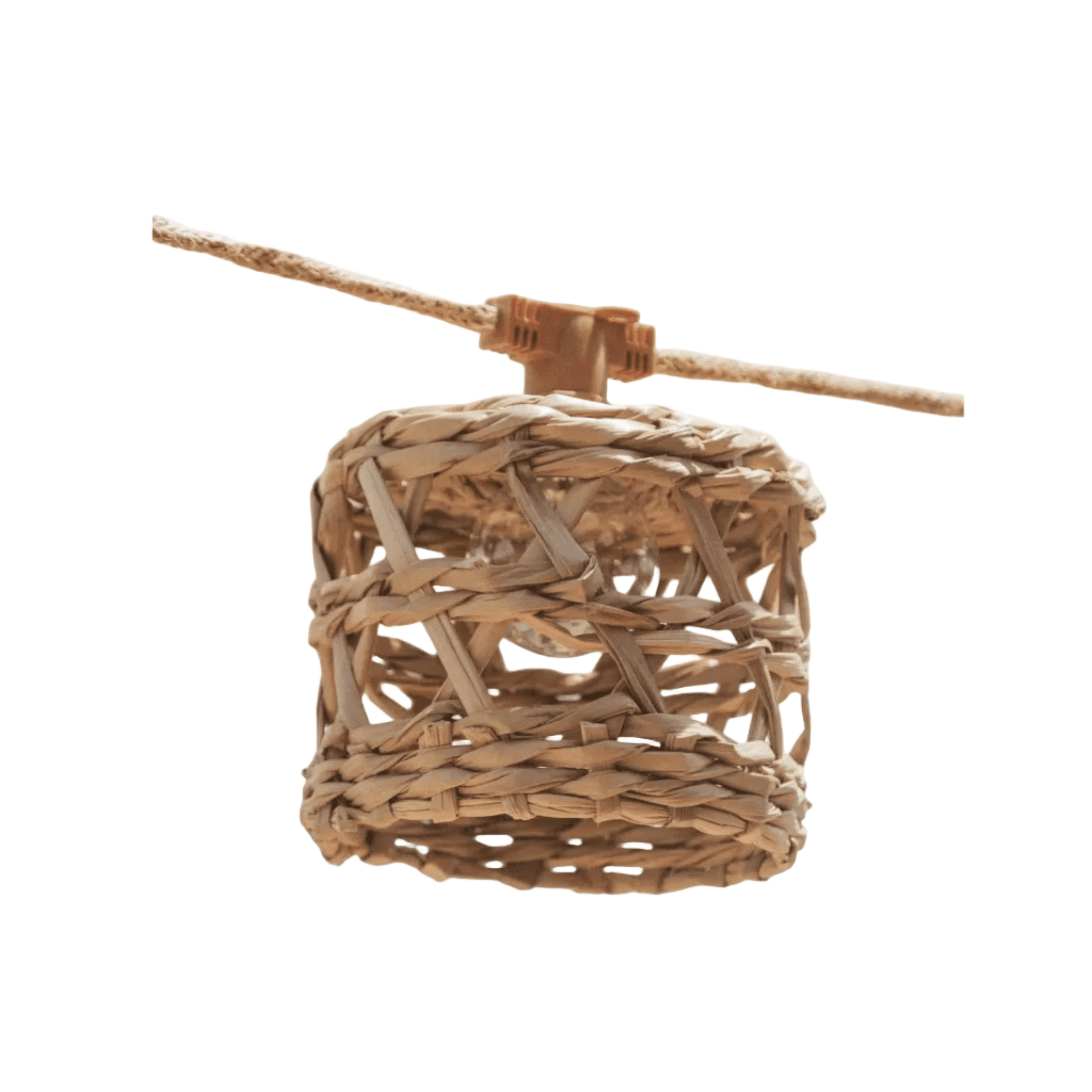Handwoven wicker ceiling pendant with a textured, drum-shaped shade, adding natural boho charm to a modern farmhouse dining area
