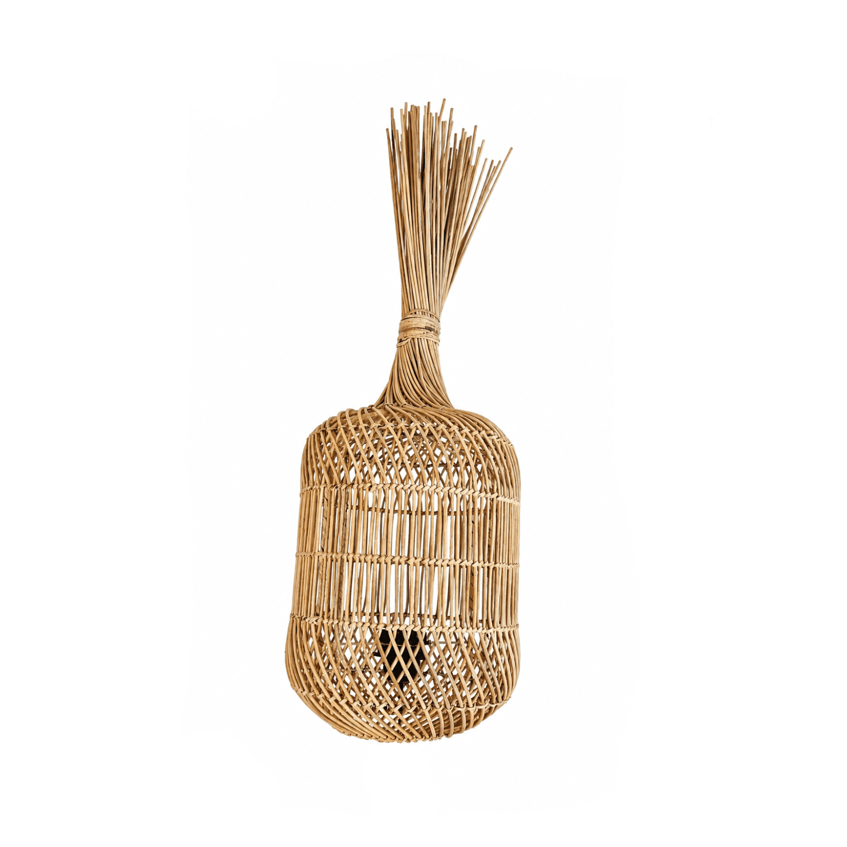 Handwoven wicker ceiling pendant with a wide lampshade, blending bohemian charm and natural texture into a cozy dining room ambiance