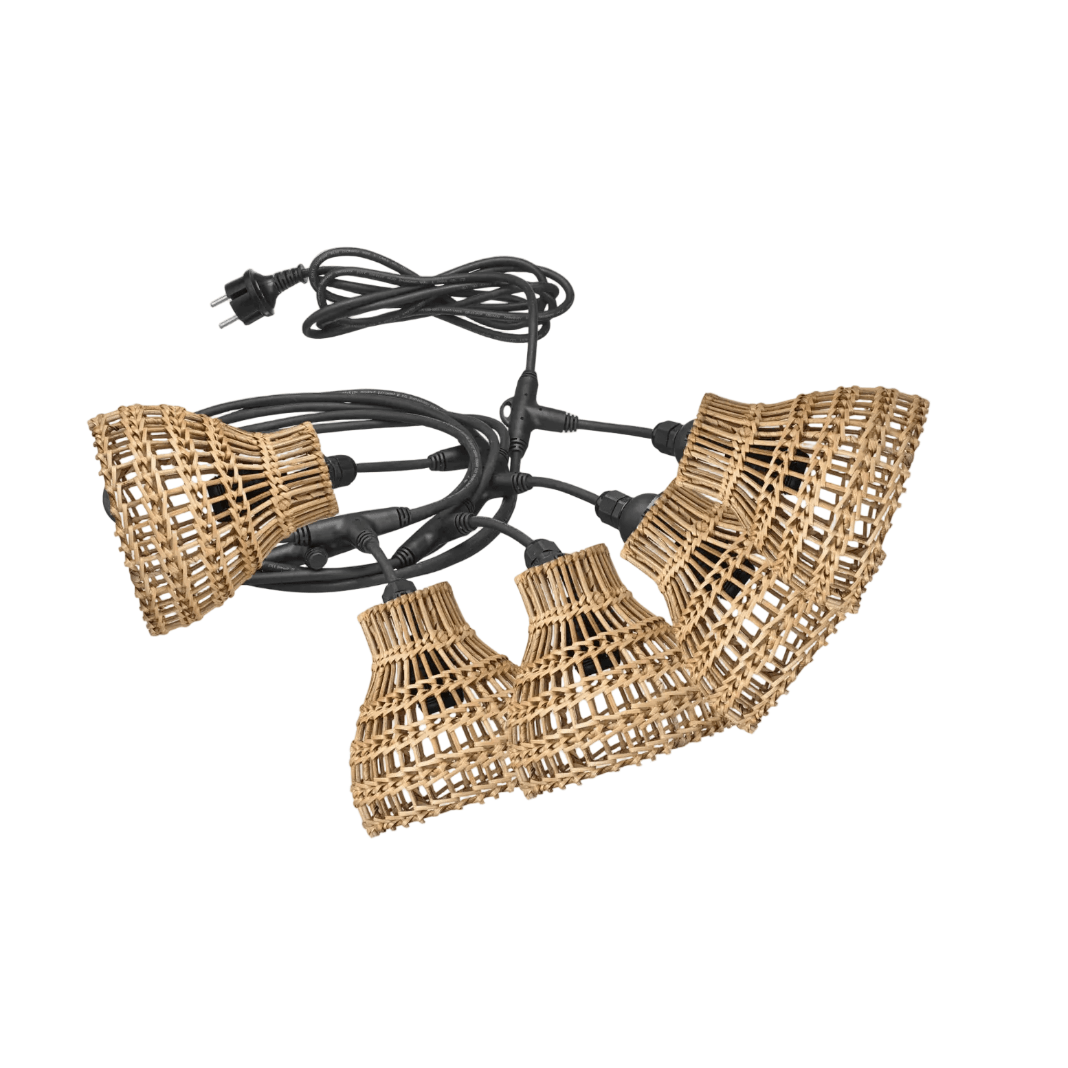 Handwoven rattan pendant light with geometric pattern adding boho charm to a cozy modern dining area