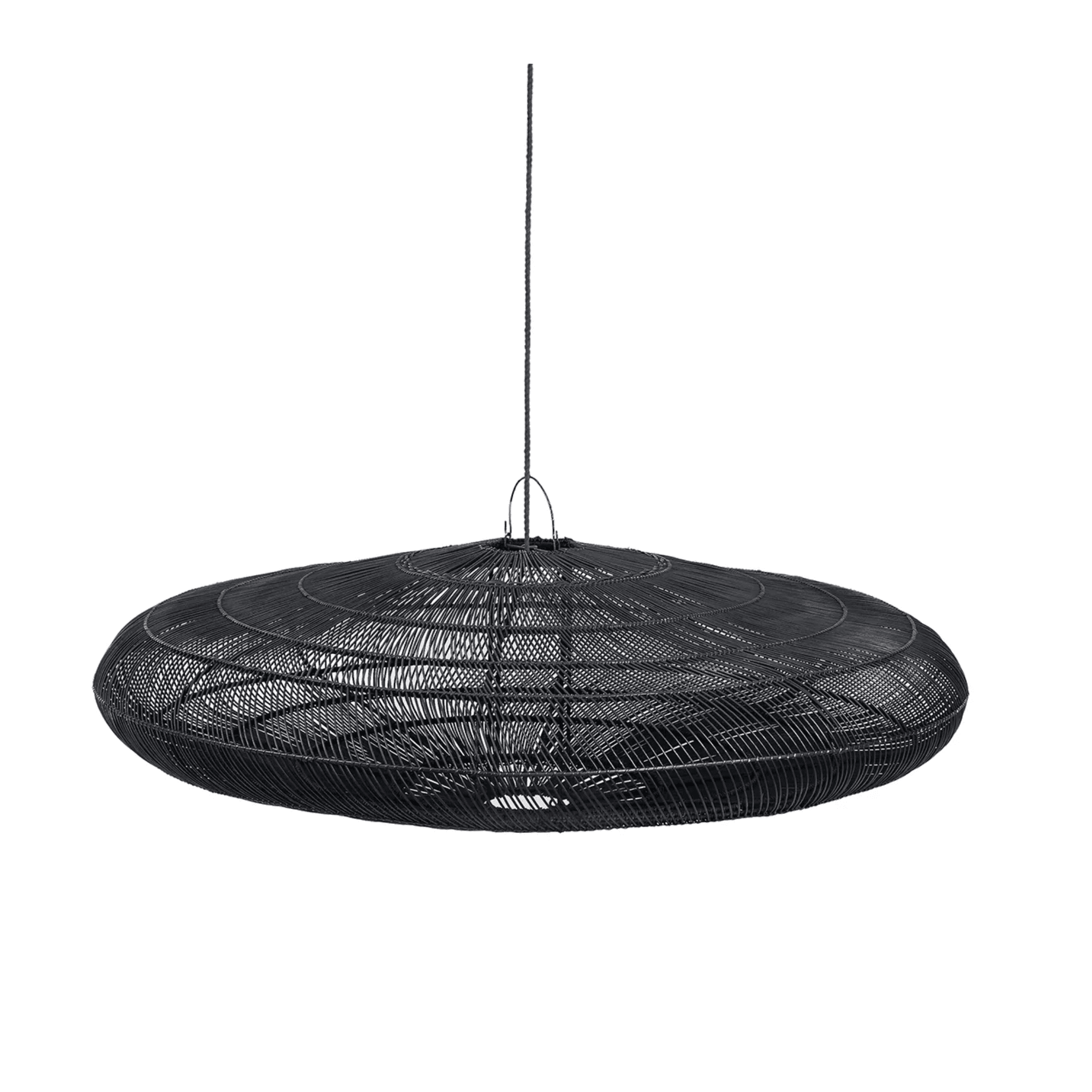 Handwoven bamboo ceiling lamp in modern rustic style for cozy living room decor